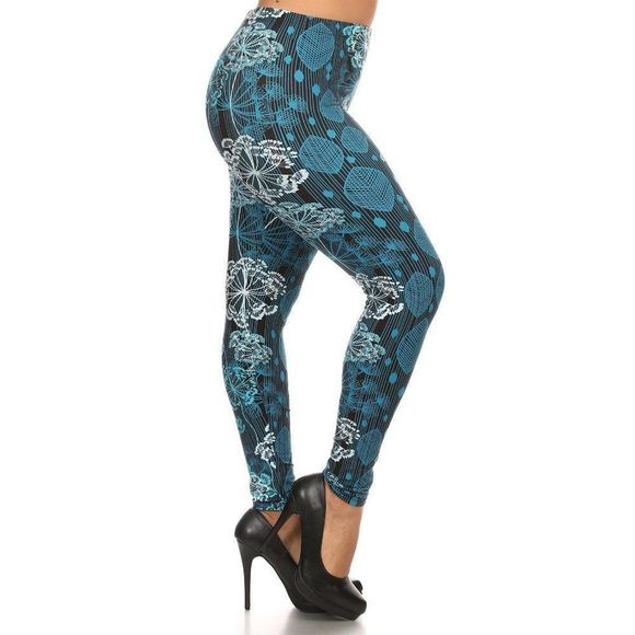 (Plus) Curvy Black White Blue Damask Floral Pattern Print Leggings - Picture 1 of 5